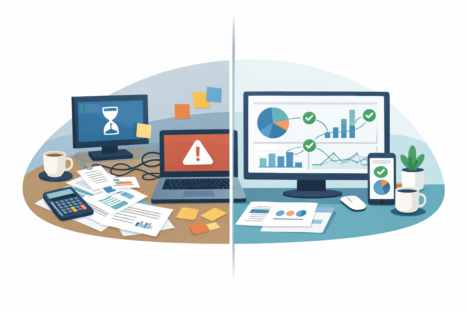 HOA software split: cluttered desk vs clean dashboard